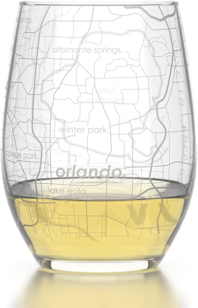 Well Told Engraved Orlando Florida Map Stemless Wine Glass, Etched Glass (15 oz, Clear) City Custom Gifts for Lovers