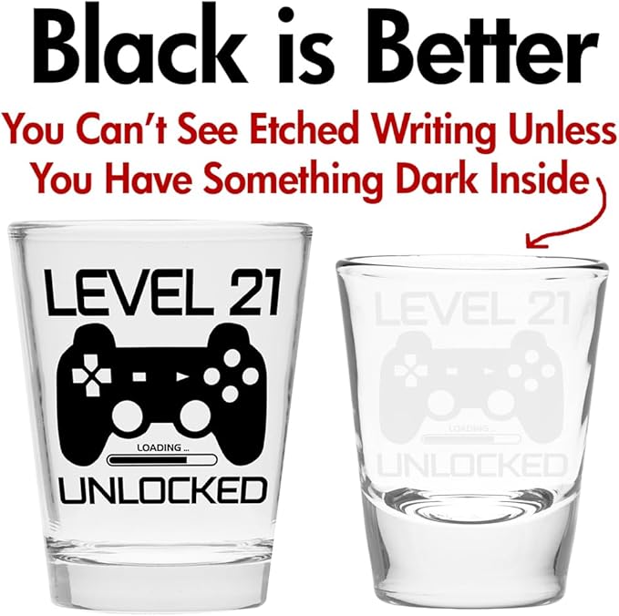 Level 21 Unlocked - Birthday Shot Glass - Celebrate Turning Twenty-One- 21st Birthday Shot Glass for Him/Her - Shot Glass for 21st bday (Pack of 2)
