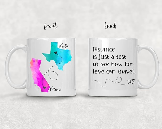 Personalized Long Distance Coffee Mug, Best Friends Quote Custom Mugs, States with Hearts over Cities, Add Names and Quote, State to State Mug, Long Distance Family, Friendship, Relationship Gifts