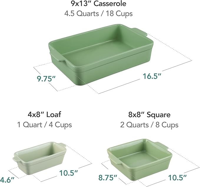 Best Choice Products 3-Piece Ceramic Bakeware Set, Stoneware Baking Dishes, Porcelain Casserole Bakeware Dishes, Serving Dishes - 9x12 Casserole, Loaf Pan, 8x8 Baking Dish - Sage Green
