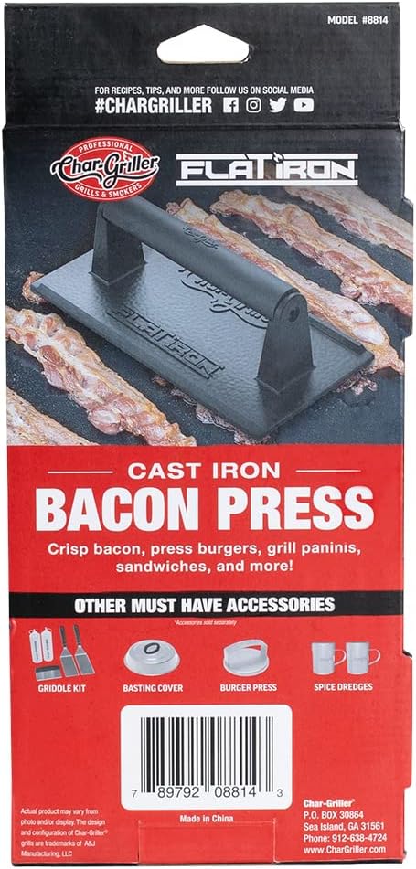 Char-Griller® Flat Iron Griddle Bacon Press Outdoor Kitchen Accessory, Durable Cast Iron Material, for Even Cooking and Crispy Results on Flat Top Griddles, Model 8814