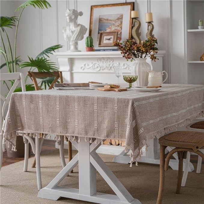 Rectangular Tablecloth American Tablecloth Coffee Color Embroidery Stripes Hollow Home Tablecloth Coffee Table Tablecloth Suitable for Restaurant Camping(100 * 140cm)