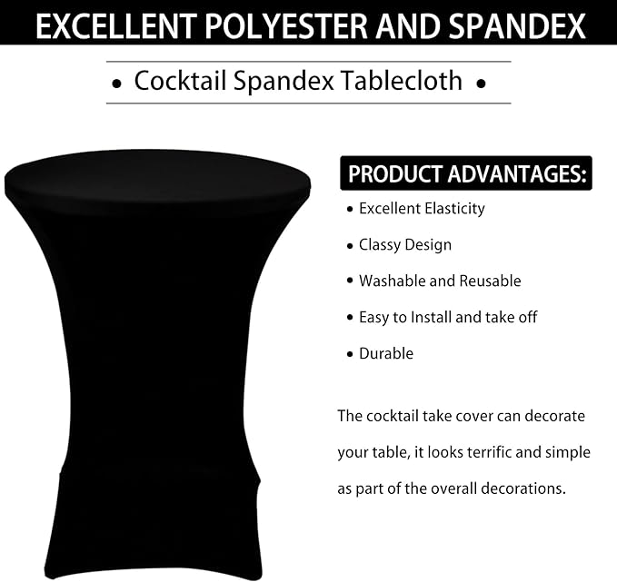6 Pack Cocktail Spandex Tablecloth 32"x43" Black Stretch Square Corners Cocktail Table Cover Fitted High Top Round Table for Bar Wedding Birthday Party Banquet