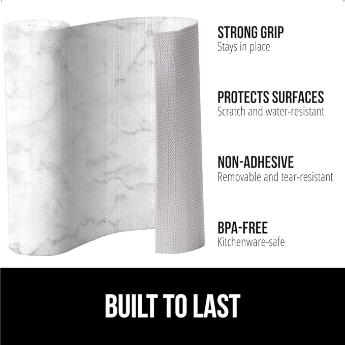 GORILLA GRIP Slip Resistant Drawer and Shelf Liner 2 Pack, Non Adhesive Water Resistant, Easy Clean and Trim, Smooth Surface Liners for Kitchen Cabinet, Shelves, Drawers, Pantry, 12 IN x 10 FT, Marble