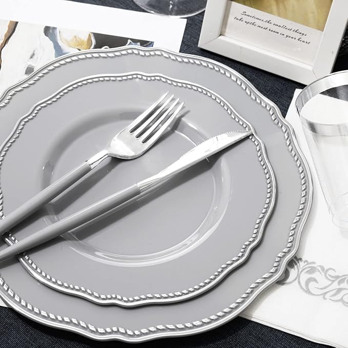 Hioasis 175pcs Grey Plastic Plates&Silver Disposable Silverware with Grey Handle&Clear Cups&Napkins Served for 25 Guests-Grey and Silver Dinnerware for Weddings&Parties,Holiday Events