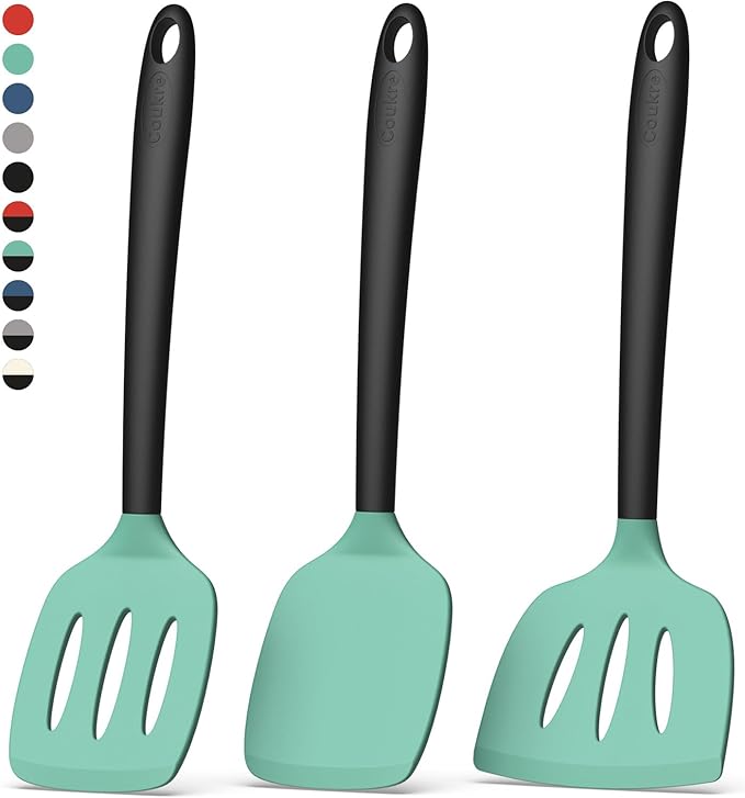 Coukre 3 Pack Silicone Spatula Set, High Heat Resistant, BPA-Free, Fish Spatula, Solid & Slotted Turner for Non-Stick Pans, Flipping Eggs, Pancakes, Fish, Burgers (3, AquaGreen)