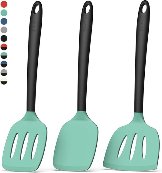 Coukre 3 Pack Silicone Spatula Set, High Heat Resistant, BPA-Free, Fish Spatula, Solid & Slotted Turner for Non-Stick Pans, Flipping Eggs, Pancakes, Fish, Burgers (3, AquaGreen)