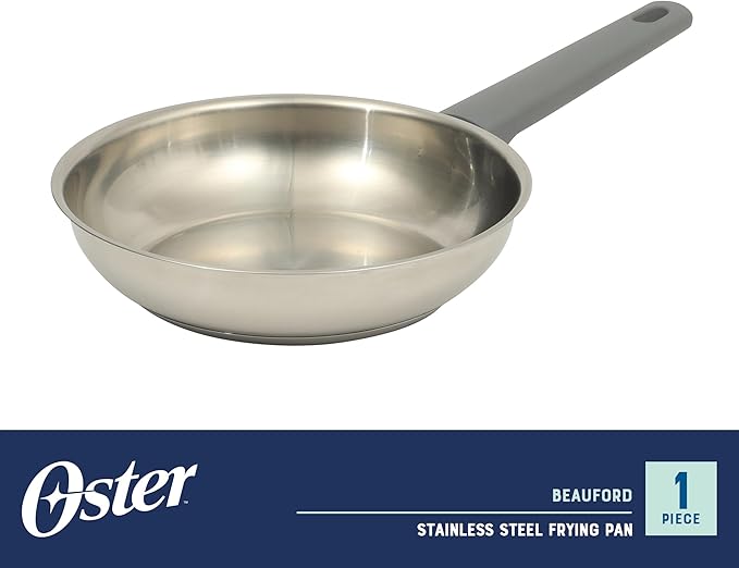 Oster Beauford 8-Inch Stainless Steel Frying Pan – Induction, Oven & Dishwasher Safe Skillet, Soft-Touch Gray Handle, 5-Ply Encapsulated Bottom