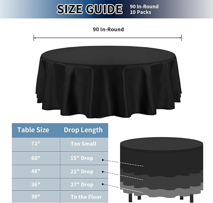 PureFit 10 Pack Round Black Table Cloths 90 Inch for Round Tables, Stain and Wrinkle Resistant Table Linens for Home Use, Wedding, Party, Banquet and Camping