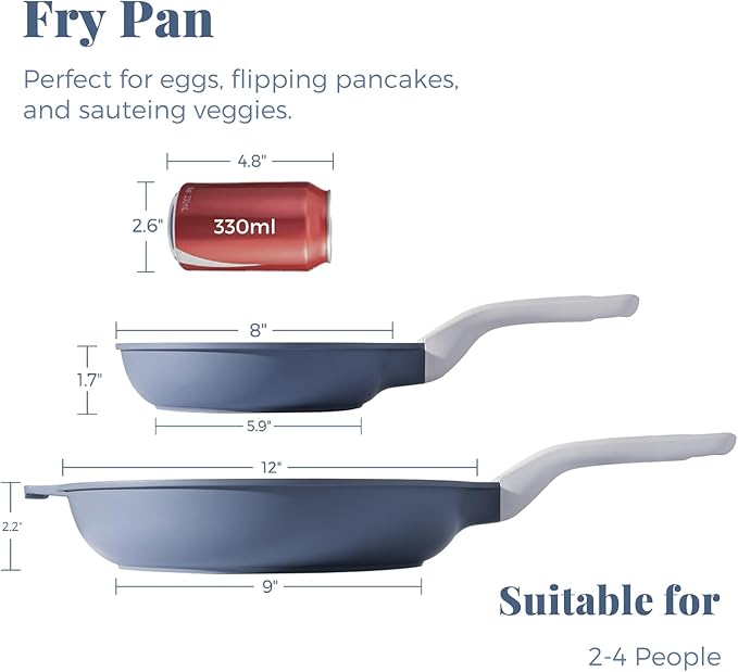 PRICUSIS Nonstick Ceramic Frying Pan Skillet, 10+12 Inch Induction Compatible with Stay Cool Handle, Healthy PTFE PFAS & PFOA Free Omelet Pan, Dishwasher Safe (Blueberry Gray)