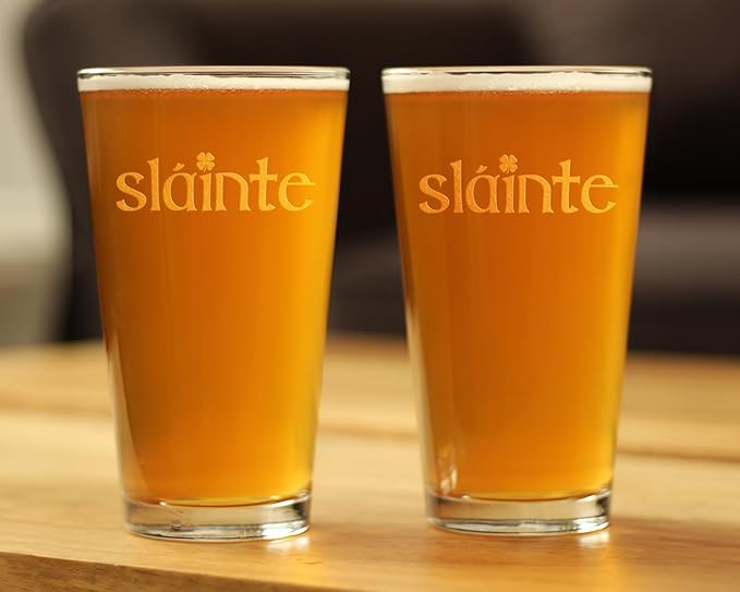 Bevvee Slainte Irish Cheers - Pint Glasses - Set of 2 - Fun St Patricks Day Party Decor or Gifts - 16 Ounce