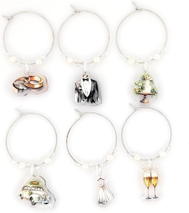 Pixie – Wedding Wine Glass Charms Gift with Tuxedo, Wedding Dress, Rings, Champagne, Car and Cake Designs, Silver-Tone with Pearl Accents, Engagement Party, Bridal Shower and Gifts - 6 Pack
