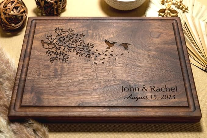 Personalized Cutting Board - Bridal Shower, Newlyweds, Engagement, Anniversary, Housewarming Gifts for Couples - Family Christmas Charcuterie Board (Love Birds Tree 025)
