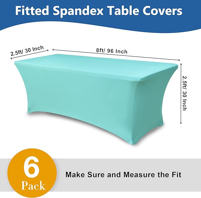 Spandex Table Cloths for 8 Foot Rectangle Tables-6 Pack Fitted Stretch Aqua Blue Table Covers-Folding Tablecloths for Party, Vendor Booth Display, Banquet Buffet Event, Craft Trade Show