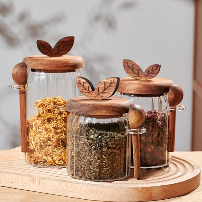 ANSQU 2 Pack Glass Jars with Wooden Lids and Spoons, 20.3oz Glass Food Storage Containers Coffee Jar Coffee Grounds Container, Coffee Canister holds up to 7.4oz Coffee Beans
