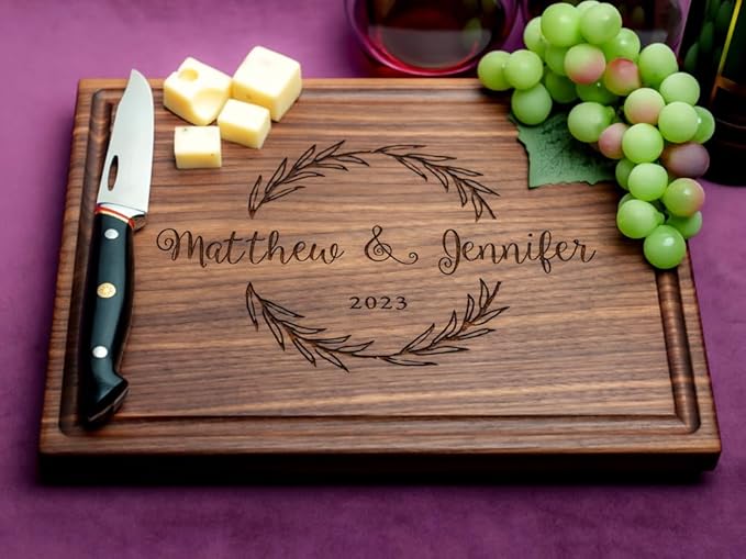 Personalized Cutting Board - Custom Engraved Wood Charcuterie Board - Best Wedding Gift Idea for Couples (Bride & Groom), Newlyweds - Handcrafted in USA from Premium Hardwood (Wreath Design 413)