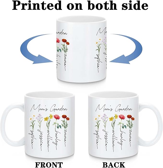 Custom Christmas Coffee Mug Gifts for Mom,11oz Personalized Ceramic Mama Cup with Photo Text & Birth Flower, Customized Birthday Gift for New Moms (Mom-Flowers & Names)