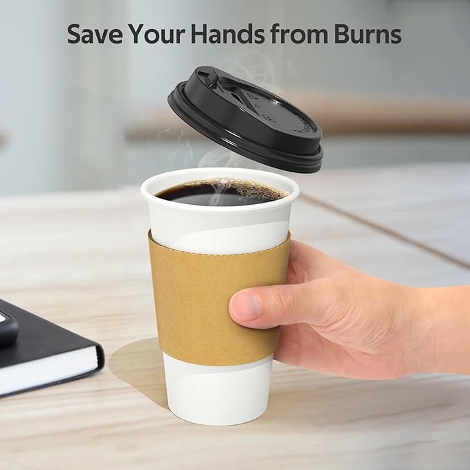100 Pack 16 oz Disposable Coffee Cups with Lids and Sleeves, Sturdy Thick Paper & Leak-free Insulated to Go Paper Hot Coffee Cups for Hot & Cold Beverage