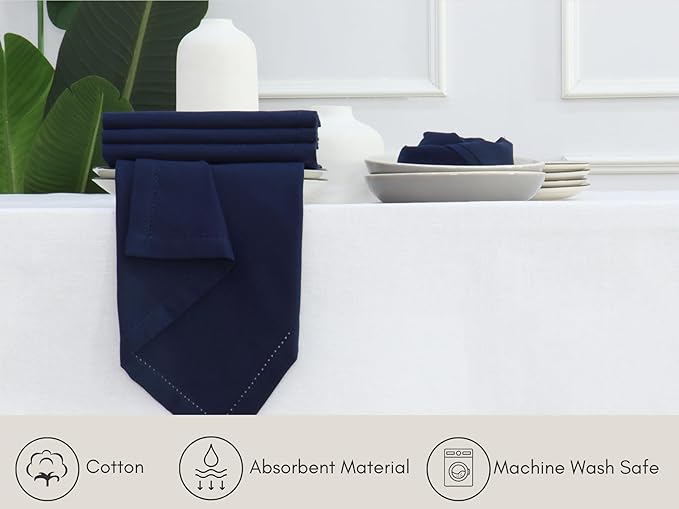 PurpleEssences Set of 12 Hemstitch Cloth Dinner Napkins 100% Cotton - Soft Durable Washable - Ideal for Wedding Christmas Holiday Winter - Perfect Everyday Use Table Linen 18x18 - Navy Blue