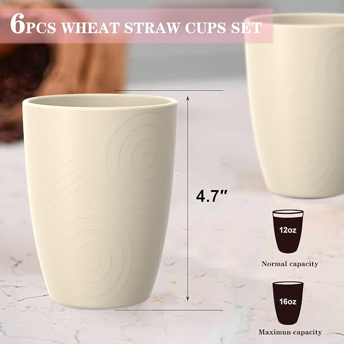 Homienly Unbreakable Drinking Glasses 16oz Wheat Straw Cups–6-Pack Reusable Stackable & Dishwasher Safe Cups for Kitchen-Beige