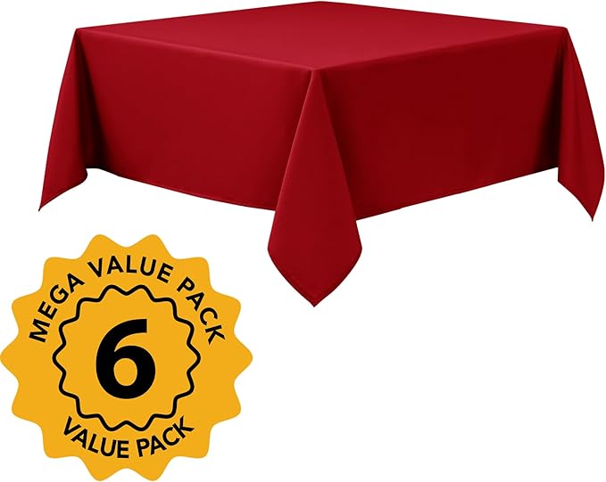 6-Pack Red Tablecloths for Square Tables, 70 x 70 Inches, Stain-Resistant Polyester Fabric for 3 Foot Tables - Washable Table Covers for Weddings, Banquets, Birthday Parties, Events
