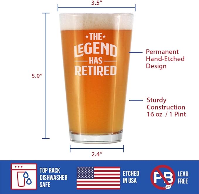 Bevvee The Legend Has Retired - Pint Glass for Beer - Funny Retirement Gifts for Boss or Coworkers - 16 Oz