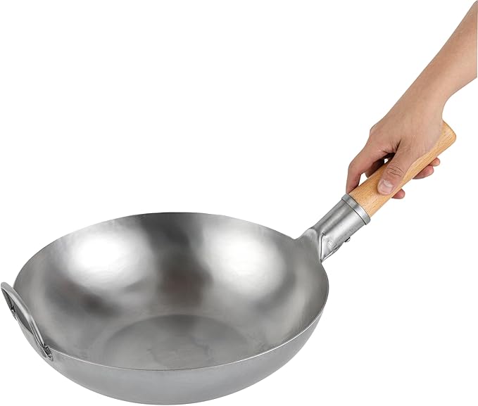 Restaurantware-Motomori 13.38 Inch Hand-Hammered Carbon Steel Wok, 10 Traditional Japanese Wok - Flat Bottom, Wooden Handle, Black Carbon Steel Traditional Stir Fry Pan, With Helper Handle