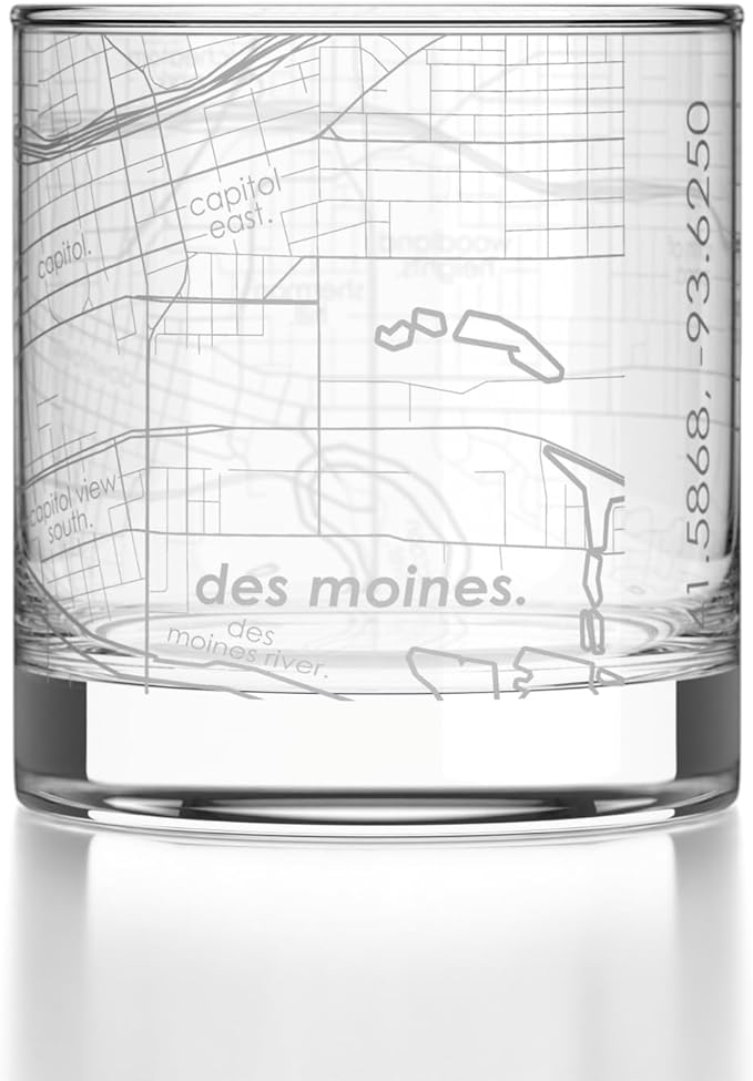 Well Told Engraved Des Moines Iowa Map Rocks Glass, Old Fashioned Glassware (11 oz, Clear) Etched Bourbon Tumbler, Gifts For Whiskey Lovers