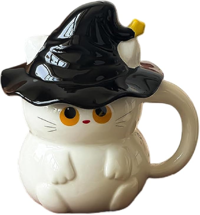Cute Magic Cat Mug, Halloween Cat with Hat Cup, Mugs for Cat Lovers, Ceramic Mug with Lid, Gifts for Adults Kids Women