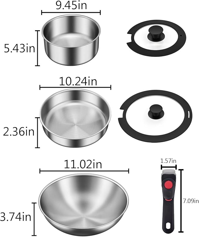 Stainless Steel Cookware Set, 6pcs Wok Pots and Pans Set Non Stick with Detachable Handle, Induction Cookware Set Kitchen Cooking Sets, RV/Camping Cookware, Dishwasher & Oven Safe,6pcs