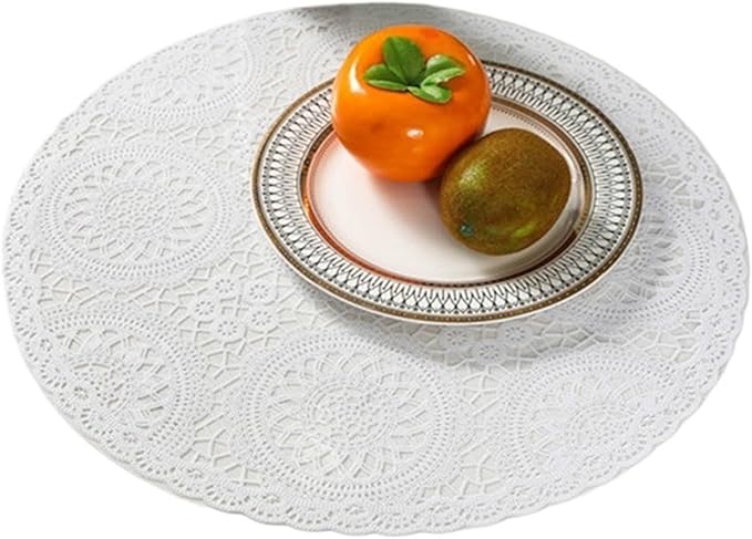 Round Placemats Restaurant PVC Decoration Meal Mat Anti- Dining Table Line Steak Plate Pad(White)