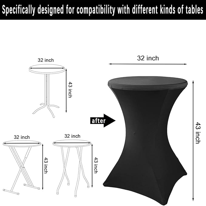 2 Pack 32x43 Inch Black Cocktail Tablecloth Spandex Round Fitted Table Cover for Wedding Banquet Event Party