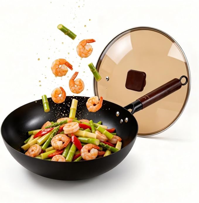 Uncoated Carbon Steel Wok with Wooden Handle (12 Inch) - Traditional Chinese Stir Fry Pan for High Heat Cooking, Non-Toxic, Easy Cleanup, Induction & Stovetop Compatible with Hanging Loop