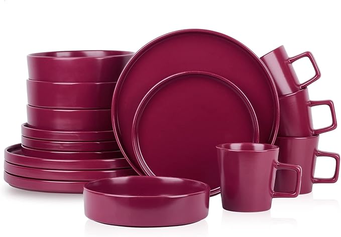 Stone Lain Cleo Stoneware 16-Piece Modern Dinnerware Set, Plates and Bowls, Magenta, Service for 4, Microwave & Dishwasher Safe