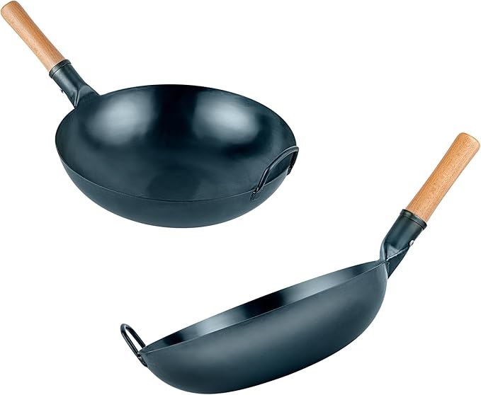 Restaurantware-Motomori 14 Inch Blue Carbon Steel Wok Pan, 1 Traditional Japanese Wok - Flat Bottom, Hand-Hammered, Carbon Steel Traditional Stir Fry Pan, With Wooden Handle