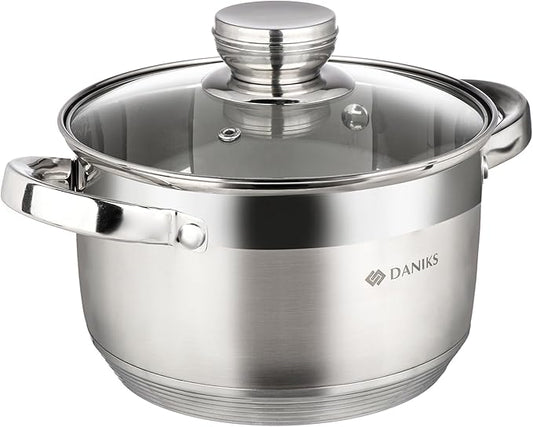 Daniks Standard 2 Quart Stainless Steel Stock Pot with Glass Lid, Try-Ply Bottom for Even Heating, Induction Compatible, Dishwasher Safe, Built-In Measuring Scale, Silver