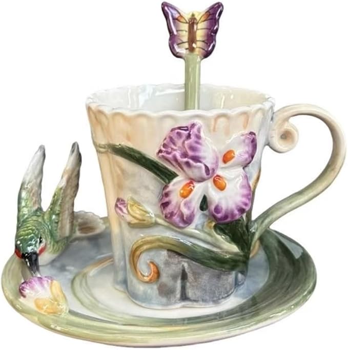 Ceramic Tea Cup and Saucer Set ，6OZ 3D Hand-painted Hummingbird and Flower Coffee Mug，Gift for Women