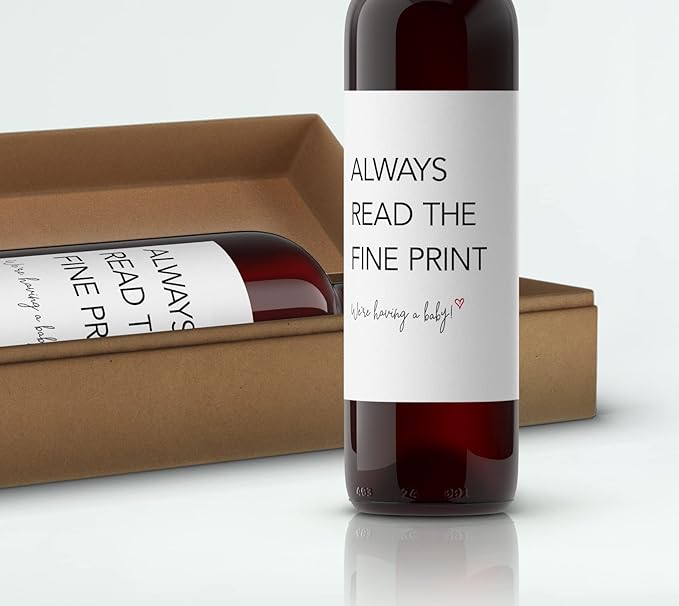 Always Read the Fine Print ● SET of 5 ● GENDER NEUTRAL Pregnancy Announcement Wine Labels, Baby Announcement Wine Label, We are Pregnant, Pregnancy Reveal, Alternative to Card WATERPROOF (Minimalist)