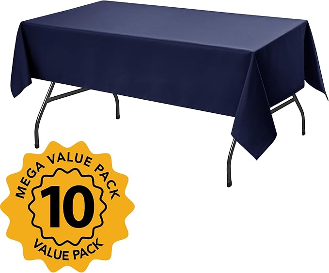 10-Pack Navy Blue Tablecloths for Rectangle Tables, 54 x 108 Inches, Stain-Resistant Polyester Fabric for 6 Foot Tables - Washable Table Covers for Weddings, Birthday Parties, Events