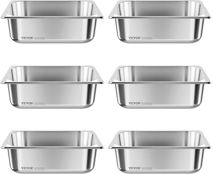 VEVOR 6 Pack Stainless Steam Hotel Pans, 1/2 Size Table Steam Pan, 4 Inch Deep Anti Jam Restaurant Supplies Reusable Rustproof Catering Storage for Home, Party, Restaurant, Hotel, Buffet
