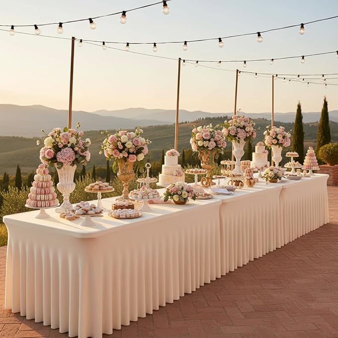 6 Pack Ivory Rectangle Tablecloth with Elastic Table Skirt – 6FT Fitted Spandex Table Cover, 72 Inch Wrinkle-Resistant & Stretchable for Wedding, Banquet, Party, Buffet, Restaurant