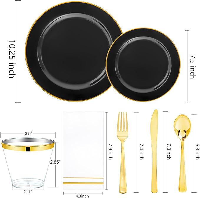 SUT 350-Piece Black and Gold Disposable Plates - Elegant Plastic Dinnerware for 50 Guests, Includes Cups & Napkins | Durable Leak-Proof Design for Weddings, Birthdays, Holidays