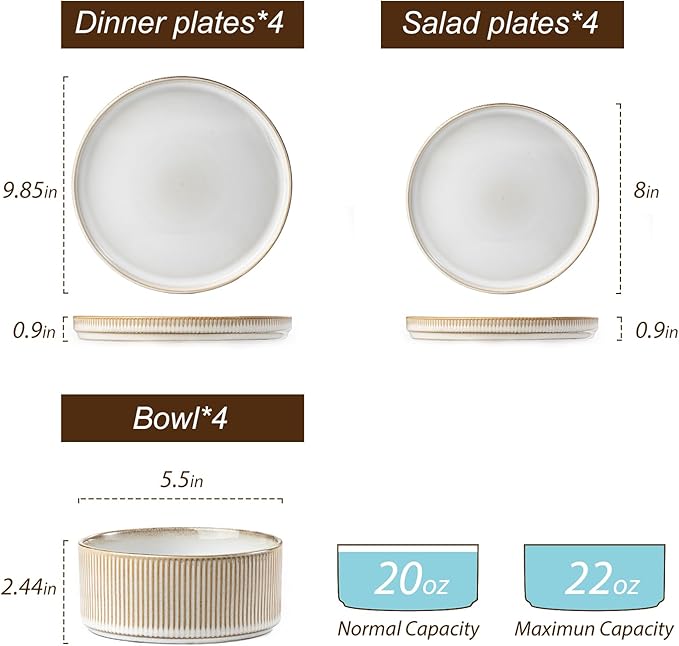 Ceramic Dinnerware Set 12 Piece – Plates and 22oz Bowls Set for 4, Scratch Resistant, Microwave & Dishwasher Safe, Beige