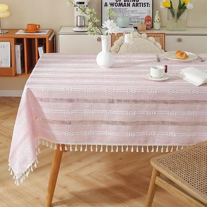 Pahajim Striped Tablecloth Rectangle with Tassels Thick Linen Cotton Table Cloth for Outdoor Picnic Dining and Holiday Kitchen Decor Rectangle/Oblong,55''x102'', 8-10 Seats