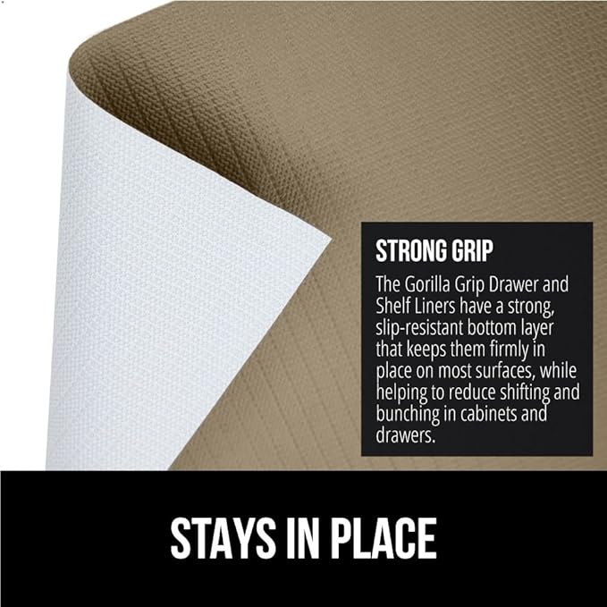 GORILLA GRIP DripGuard Shelf Liner, Non Adhesive Drawer and Kitchen Cabinet Protector, 20x240 Inch, Slip Resistant BPA Free Smooth Surface Plastic Liners for Cabinets, Bathrooms, Closets, Beige