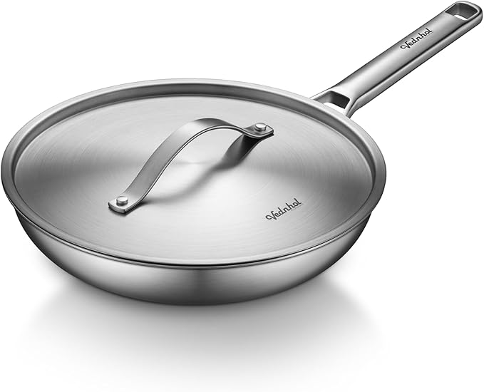 Stainless Steel Frying Pan with Stainless Steel Lid 12 Inch,Tri-Ply Stainless Steel Skillet,Brushed Steel Pan for Cooking,Dishwasher and Oven Safe,Induction&All Stove Compatible