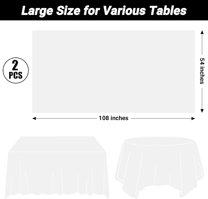 QZYL 2 Pack Picnic Table Cover, 108 x 54 Inches White Tablecloth for Rectangle Table, Disposable Tablecover Plastic Tablecloth Party TableCloths, Birthday Party Decorations Wedding Decor