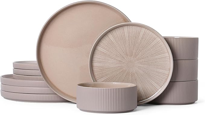Dinnerware Sets for 4, Ceramic Plates and Bowls Set 12 Piece Dinnerware Chip Resistant Stoneware, Dishwasher and Microwave Safe-Brown