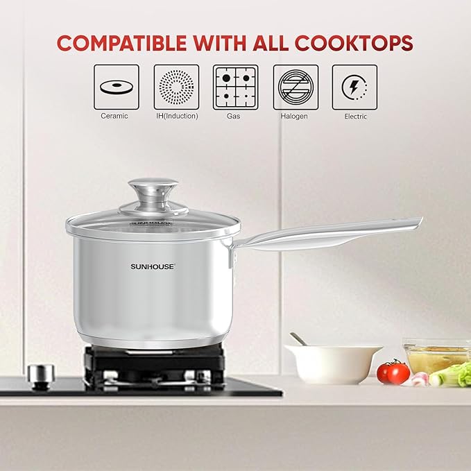 Sunhouse – 1.5 quart Stainless Steel Sauce Pan with Lid - PFOA-FREE, Stainless Steel Sauce Pan, Induction base, Stay-Cool Handle, Compatible with All Cooktops Gas, Geramic, Electric etc.
