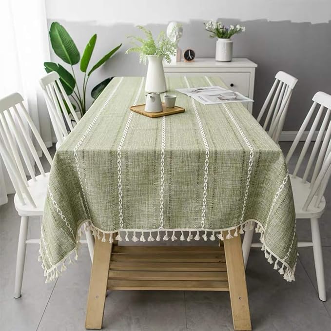 Pahajim Linen Tablecloth Rustic Rectangle Table Cloth Cotton Striped Tassels Tablecloths for Kitchen Dining Table Cover Rectangle/Oblong,55''x94'', 6-8 Seats